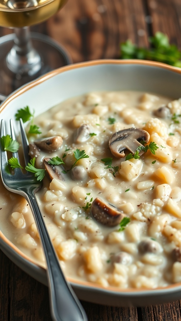 A bowl of creamy mushroom risotto garnished with parsley and Parmesan cheese on a rustic table with a glass of wine.